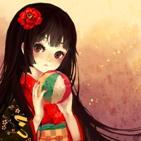 Anime picture 1000x1000 with hell girl studio deen enma ai fuwata single long hair looking at viewer black hair red eyes traditional clothes japanese clothes hair flower floral print girl hair ornament kimono ball paper balloon