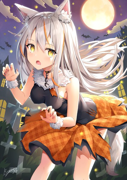 Anime picture 1157x1636 with original rin yuu single long hair tall image looking at viewer blush fringe breasts open mouth hair between eyes signed animal ears yellow eyes silver hair cloud (clouds) tail nail polish animal tail multicolored hair
