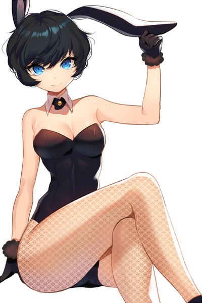 Anime picture 600x900 with original carchet single tall image looking at viewer fringe short hair blue eyes light erotic black hair simple background smile hair between eyes white background sitting animal ears cleavage bent knee (knees) arm support bunny ears