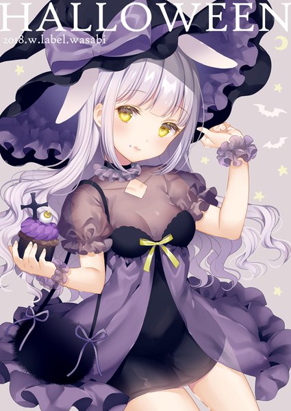 Anime picture 650x918 with original wasabi (sekai) single long hair tall image looking at viewer blush fringe breasts light erotic simple background sitting animal ears yellow eyes payot cleavage silver hair blunt bangs head tilt grey background