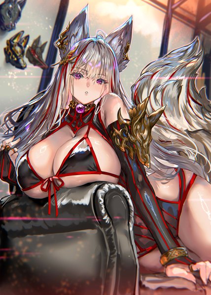 Anime picture 2139x3000 with original ranou single long hair tall image looking at viewer blush fringe highres breasts light erotic hair between eyes large breasts purple eyes bare shoulders animal ears silver hair ahoge indoors tail