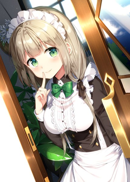 Anime picture 900x1260 with original masuishi kinoto single long hair tall image looking at viewer blush fringe blonde hair smile twintails green eyes maid low twintails finger to mouth girl uniform headdress maid headdress apron