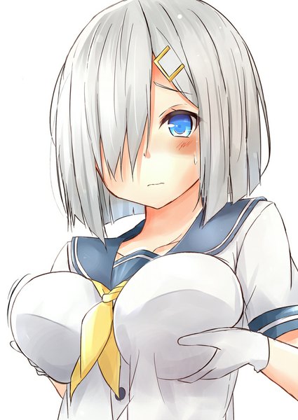 Anime picture 700x988 with kantai collection hamakaze destroyer saku (kudrove) single tall image looking at viewer blush fringe breasts blue eyes light erotic simple background large breasts white background holding silver hair hair over one eye sweat embarrassed girl