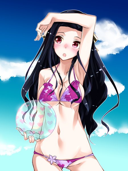 Anime picture 1250x1667 with mahouka koukou no rettousei saegusa mayumi fukuyama  naoto single long hair tall image blush breasts open mouth light erotic black hair red eyes large breasts standing bare shoulders sky cloud (clouds) arm up armpit (armpits) embarrassed