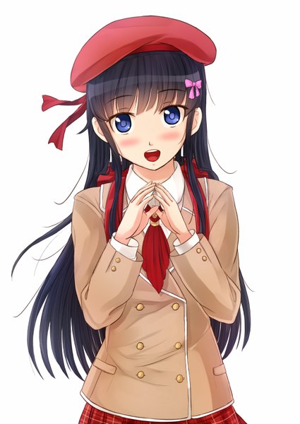 Anime picture 1074x1517 with original kazeno single long hair tall image looking at viewer blush open mouth blue eyes black hair simple background white background fingers together girl uniform hair ornament bow hair bow school uniform beret