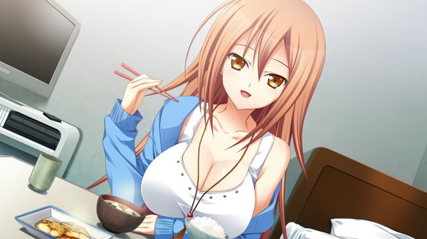 Anime picture 1280x720 with orange memories (game) long hair breasts light erotic wide image large breasts game cg orange hair orange eyes girl