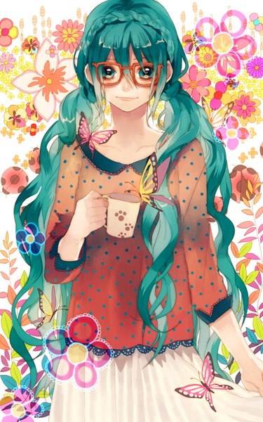 イラスト 500x800 と ボーカロイド 初音ミク 月岡月穂 ソロ 長髪 長身像 カメラ目線 赤面 前髪 ツインテール 三つ編み aqua eyes aqua hair wavy hair polka dot クラウンブレイド floral background footprints 女の子 スカート