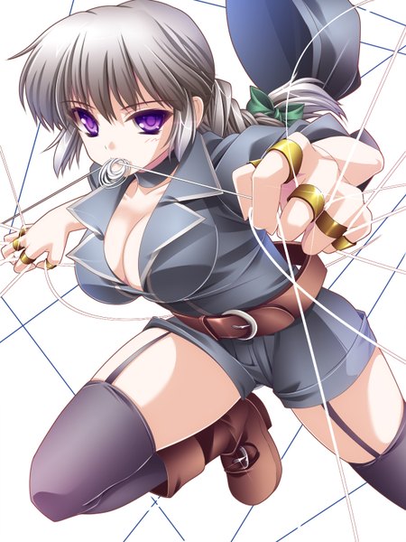 Anime picture 1200x1600 with original moneti (daifuku) single long hair tall image looking at viewer breasts light erotic simple background white background purple eyes braid (braids) grey hair mouth hold girl thighhighs black thighhighs shorts boots