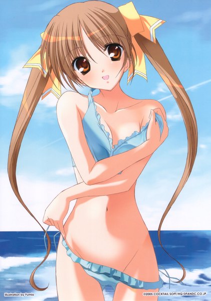 Anime picture 2464x3508 with pia carrot kunugi ayano fumio (ura fmo) single long hair tall image highres light erotic brown hair twintails bare shoulders orange eyes undressing girl swimsuit