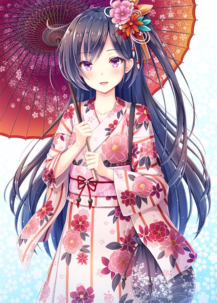 Anime picture 1100x1539 with original akashio (loli ace) single long hair tall image looking at viewer blush fringe open mouth black hair simple background smile purple eyes holding traditional clothes japanese clothes hair flower wide sleeves one side up gradient background
