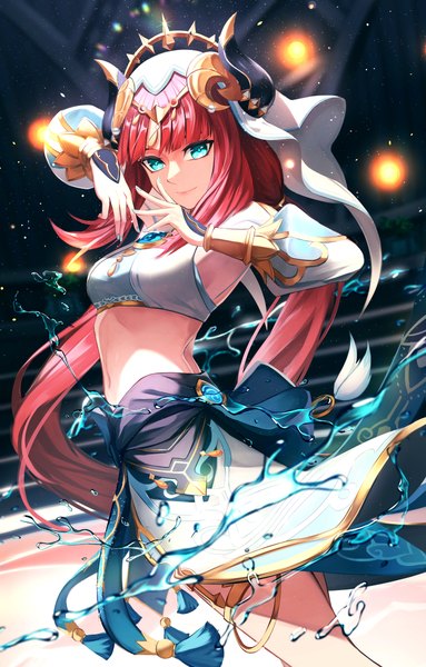 Anime picture 5012x7852 with genshin impact nilou (genshin impact) fuzumie single long hair tall image looking at viewer fringe highres breasts light erotic smile twintails absurdres blunt bangs long sleeves nail polish multicolored hair horn (horns) aqua eyes