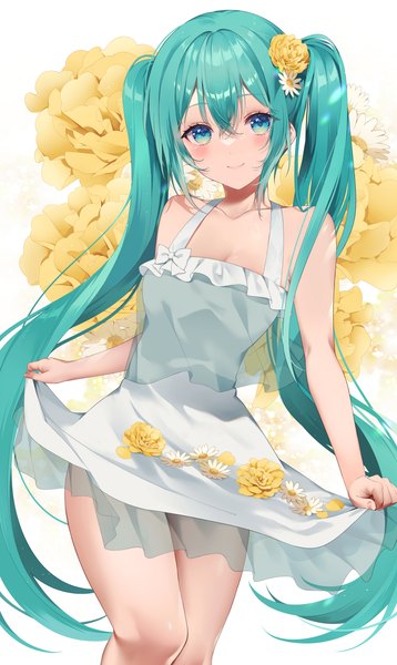 Anime picture 1293x2165 with vocaloid hatsune miku nobell (bell no5) single long hair tall image looking at viewer blush fringe smile hair between eyes twintails hair flower aqua eyes aqua hair sleeveless floral background girl dress flower (flowers)