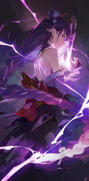 Anime picture 2976x6055 with genshin impact raiden shogun modare single tall image looking at viewer fringe highres breasts large breasts standing purple eyes holding purple hair braid (braids) very long hair traditional clothes japanese clothes profile arm up