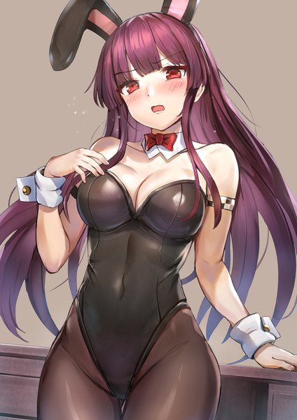 Anime picture 707x1000 with girls frontline wa2000 (girls frontline) qian wu atai single long hair tall image looking at viewer blush fringe breasts open mouth light erotic red eyes large breasts standing bare shoulders animal ears payot cleavage purple hair