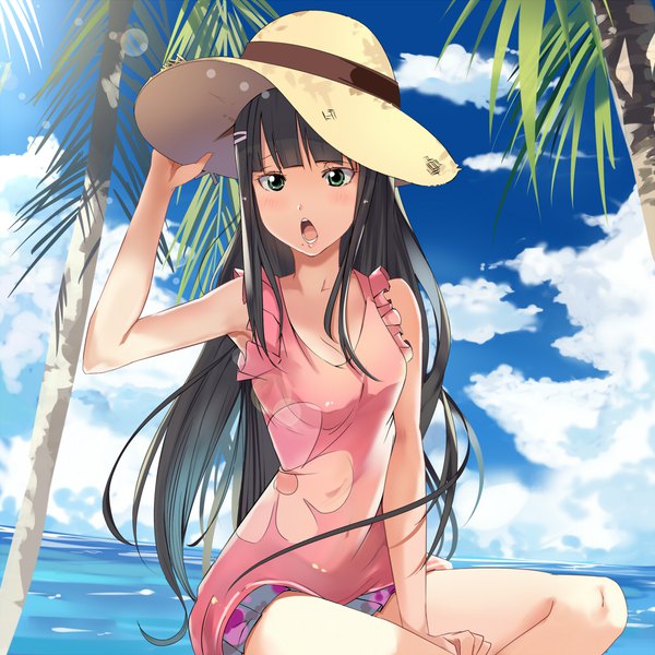 Anime picture 1000x1000 with love live! sunshine!! sunrise (studio) love live! kurosawa dia bunbun (midukikome) single long hair looking at viewer blush fringe open mouth black hair sitting green eyes payot sky cloud (clouds) outdoors blunt bangs arm up