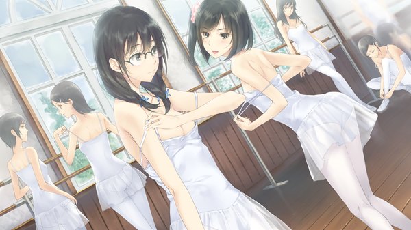 Anime picture 1280x720 with flowers (innocent grey) innocent grey rikka hanabishi long hair blush short hair open mouth light erotic black hair wide image multiple girls brown eyes game cg ponytail black eyes side ponytail 6+ girls 6 girls girl glasses