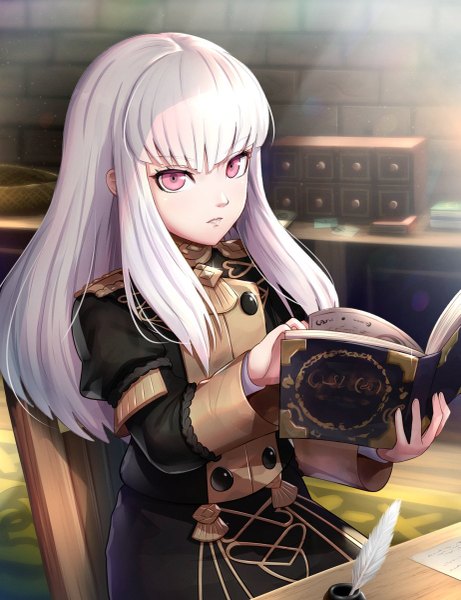 Anime picture 923x1200 with fire emblem fire emblem: three houses nintendo lysithea von ordelia gonzarez single long hair tall image looking at viewer blush fringe sitting holding payot white hair indoors blunt bangs parted lips pink eyes sunlight