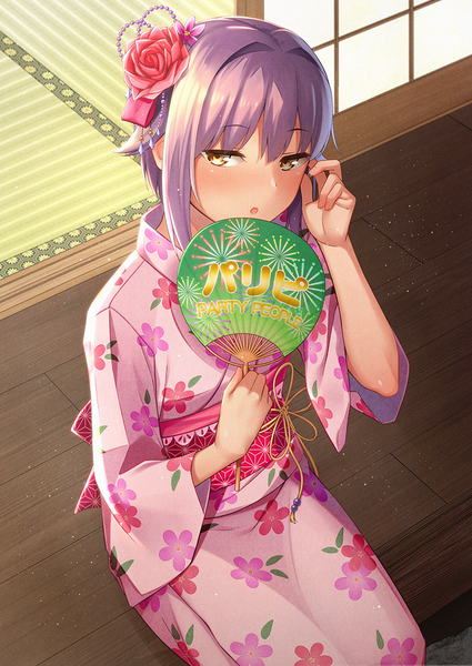 Anime picture 800x1130 with idolmaster idolmaster cinderella girls idolmaster cinderella girls starlight stage koshimizu sachiko umihotaru harumare single tall image looking at viewer blush fringe short hair sitting yellow eyes purple hair traditional clothes japanese clothes from above adjusting hair self-proclaimed party people girl