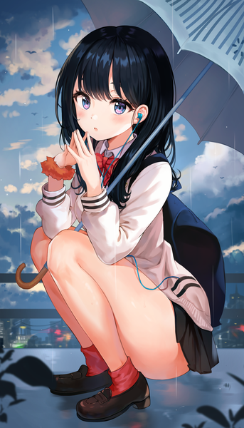 Anime picture 2291x4000 with gridman universe ssss.gridman studio trigger takarada rikka tokkyu single long hair tall image looking at viewer blush fringe highres open mouth black hair purple eyes sky cloud (clouds) full body bent knee (knees) outdoors