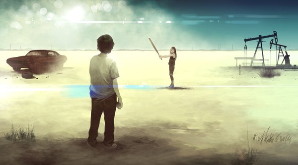 Anime picture 1500x834 with original shiira long hair short hair black hair wide image sky looking back from behind sunlight shadow scenic desert girl boy plant (plants) shorts pants grass t-shirt