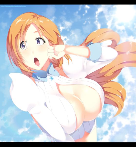 Anime picture 1800x1939 with bleach studio pierrot inoue orihime tempestdh single long hair tall image blush highres breasts open mouth light erotic purple eyes sky cloud (clouds) sunlight orange hair huge breasts coloring girl