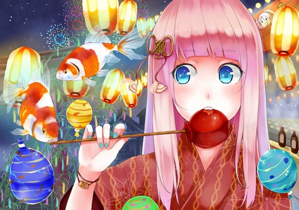 Anime picture 1422x1000 with vocaloid megurine luka retsuna single long hair blush blue eyes pink hair japanese clothes alternate hairstyle eating girl hair ornament food kimono fish (fishes) goldfish candy apple
