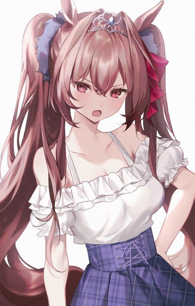 Anime picture 2480x3884 with umamusume daiwa scarlet (umamusume) guma (teddybear oxo) single long hair tall image looking at viewer blush fringe highres open mouth simple background hair between eyes brown hair white background twintails animal ears upper body :d pink eyes