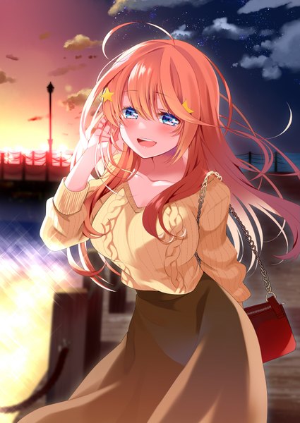 Anime picture 2508x3541 with go-toubun no hanayome nakano itsuki piyopoyo single long hair tall image looking at viewer blush fringe highres breasts open mouth blue eyes smile hair between eyes large breasts cloud (clouds) ahoge outdoors red hair