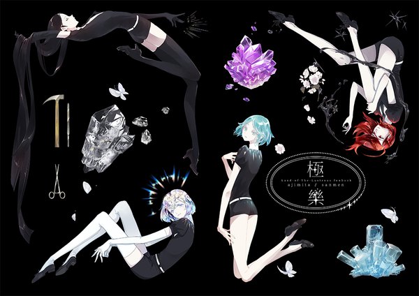 Anime-Bild 1000x707 mit houseki no kuni phosphophyllite diamond (houseki no kuni) bort cinnabar (houseki no kuni) ajimita sanmen short hair black hair red eyes silver hair full body red hair very long hair aqua eyes aqua hair black background silver eyes holding hair androgynous