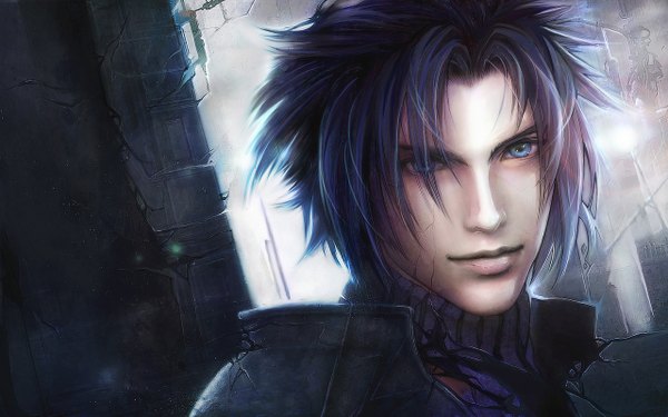 Anime picture 1280x800 with final fantasy final fantasy vii square enix zack fair negshin single short hair blue eyes wide image purple hair lips realistic face spiked hair crack boy armor