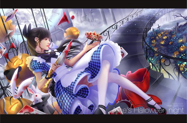 Anime picture 2592x1707 with american mcgee's alice (game) alice: madness returns alice (american mcgee's) yongqi single long hair highres black hair animal ears looking away profile black eyes fake animal ears letterboxed halloween plaid girl thighhighs dress bow