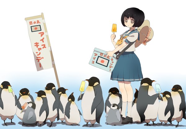 Anime picture 4600x3200 with wamochi (artist) highres short hair black hair absurdres girl uniform school uniform hat animal bird (birds) flag popsicle penguin