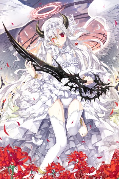 Anime picture 1001x1500 with original yano mitsuki single long hair tall image light erotic red eyes white hair horn (horns) pointy ears girl thighhighs dress underwear flower (flowers) panties weapon petals white thighhighs sword