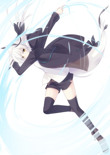 Anime picture 801x1133 with original nagishiro mito single long hair tall image looking at viewer white background animal ears yellow eyes white hair tail animal tail girl thighhighs bow black thighhighs hair bow shirt shorts