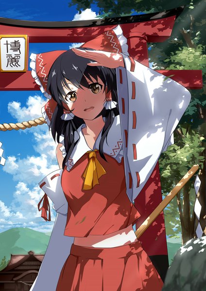 Anime picture 800x1131 with touhou hakurei reimu yunsang single long hair tall image looking at viewer open mouth black hair brown eyes sky cloud (clouds) traditional clothes shaded face miko girl skirt bow hair bow detached sleeves