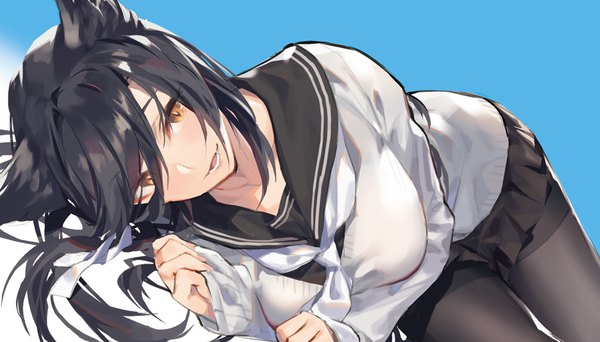 Anime picture 1000x571 with azur lane atago (azur lane) atago (school daydream) (azur lane) noy single long hair looking at viewer blush fringe breasts open mouth black hair simple background wide image animal ears yellow eyes lying pleated skirt light smile hair over one eye