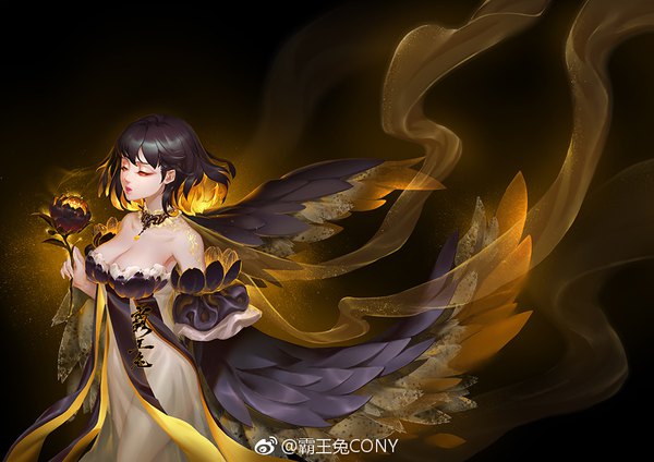 Anime picture 1000x707 with original cony (comicsun) single fringe short hair breasts black hair simple background large breasts standing bare shoulders holding signed looking away cleavage multicolored hair wind two-tone hair orange eyes tattoo