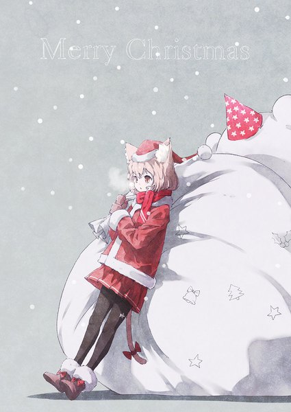 Anime picture 920x1300 with original satyuas single tall image short hair blonde hair animal ears looking away full body tail animal tail cat ears cat girl cat tail fur trim snowing christmas exhalation merry christmas star print