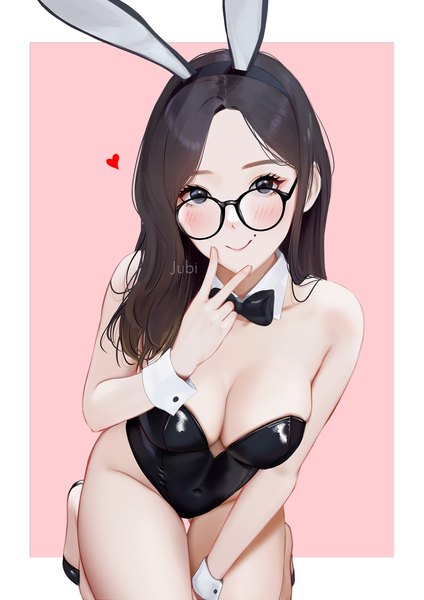 Anime picture 2480x3508 with real life adela pramestiayu (yuuchan) jubi (regiana) single long hair tall image looking at viewer highres breasts light erotic simple background smile brown hair large breasts signed animal ears cleavage black eyes mole leaning