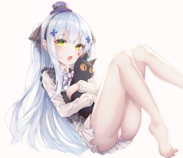Anime picture 2548x2206 with girls frontline hk416 (girls frontline) hk416 (black kitty's gift) (girls frontline) myless single long hair looking at viewer blush fringe highres open mouth light erotic simple background white background sitting green eyes payot silver hair bent knee (knees) blunt bangs