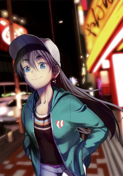 Anime picture 1404x2000 with idolmaster ganaha hibiki andou shuuki single long hair tall image blue eyes black hair smile open clothes open jacket city hands in pockets girl earrings ground vehicle flat cap car
