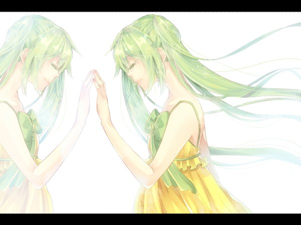 Anime picture 1228x921 with vocaloid hitorigoto suicchi (vocaloid) hatsune miku vient single long hair simple background smile white background twintails eyes closed profile green hair wind tears reflection sad fingers together girl sundress