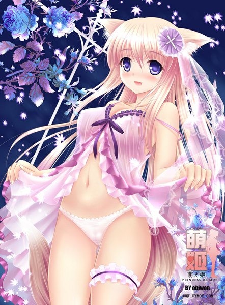 Anime picture 850x1154 with original obiwan single long hair tall image blush breasts open mouth light erotic blonde hair purple eyes animal ears tail animal tail fox ears fox tail fox girl girl underwear panties