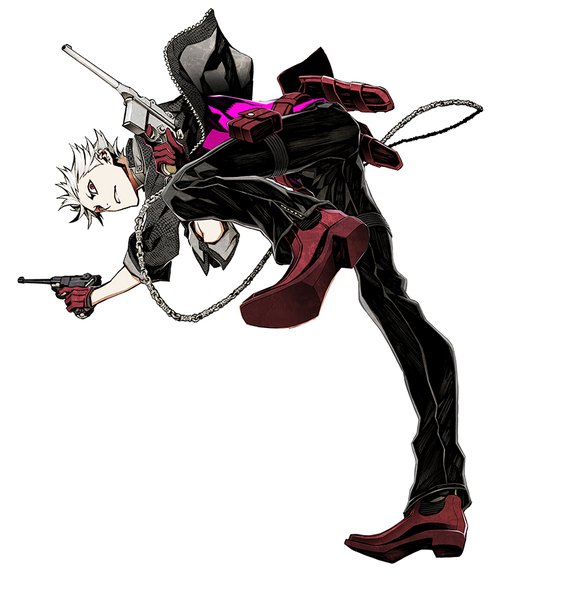 Anime-Bild 828x878 mit dogs: bullets & carnage david production haine rammsteiner miwa shirow single tall image looking at viewer short hair simple background red eyes white background holding full body white hair open jacket leg lift (legs lift) dual wielding foreshortening boy weapon