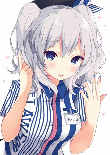Anime picture 800x1131 with kantai collection lawson kashima training cruiser mimura zaja single long hair tall image looking at viewer blush open mouth blue eyes simple background white background twintails silver hair nail polish fingernails leaning leaning forward symbol-shaped pupils