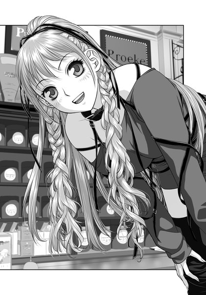 Anime picture 841x1200 with original toshiki yui single long hair tall image looking at viewer blush open mouth braid (braids) grey hair grey eyes monochrome girl thighhighs dress ribbon (ribbons) black thighhighs hair ribbon