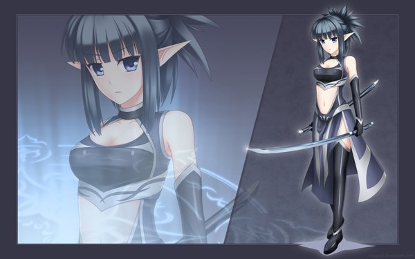 Anime picture 1920x1200 with original ricegnat single highres blue eyes black hair wide image pointy ears zoom layer girl thighhighs gloves navel weapon black thighhighs sword elbow gloves katana sheath