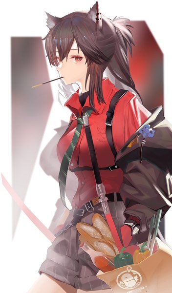 Anime picture 1174x2000 with arknights texas (arknights) texas (willpower) (arknights) atianshi single long hair tall image looking at viewer fringe black hair hair between eyes red eyes ponytail official alternate costume underbust food in mouth girl shirt necktie food