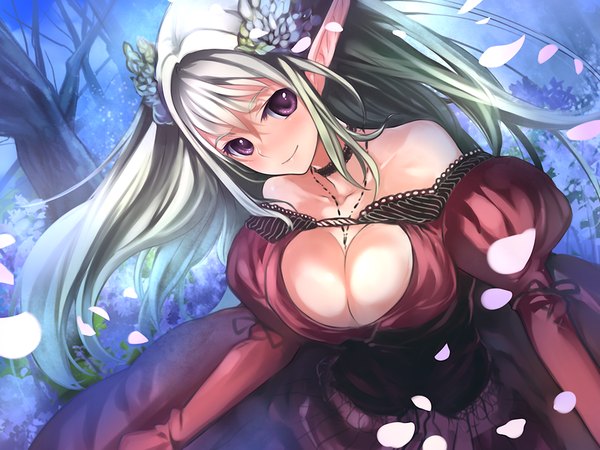 Anime picture 1024x768 with links! - kimi to seirei to tsukaima to light erotic purple eyes game cg hair flower green hair elf girl dress hair ornament petals