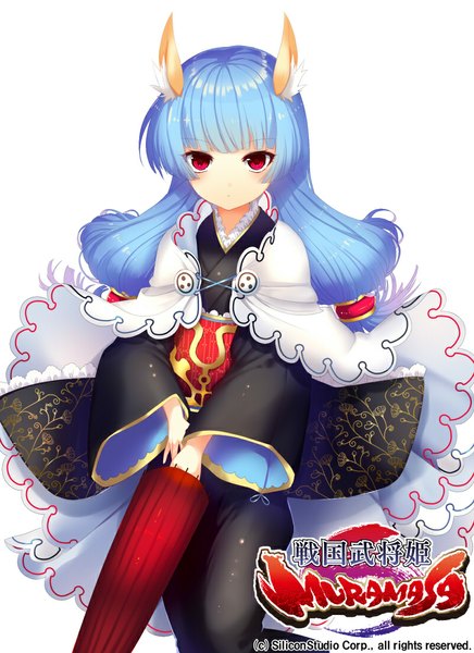 Anime picture 800x1100 with sengoku bushouki muramasa yusano single long hair tall image looking at viewer red eyes white background animal ears blue hair traditional clothes japanese clothes closed umbrella girl kimono umbrella